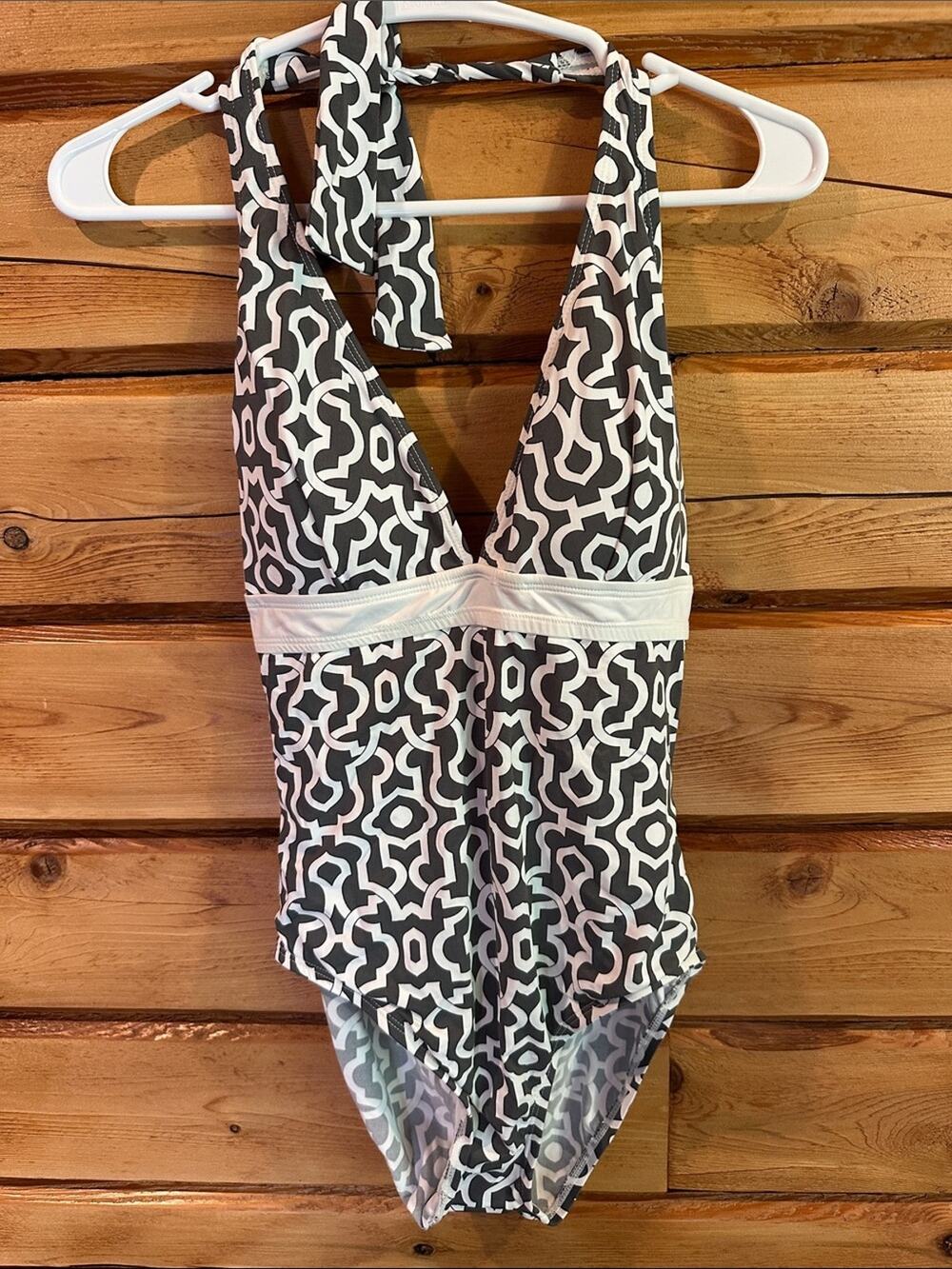 Tommy Bahama Gray & Off White Graphic Halter One-Piece Swimsuit